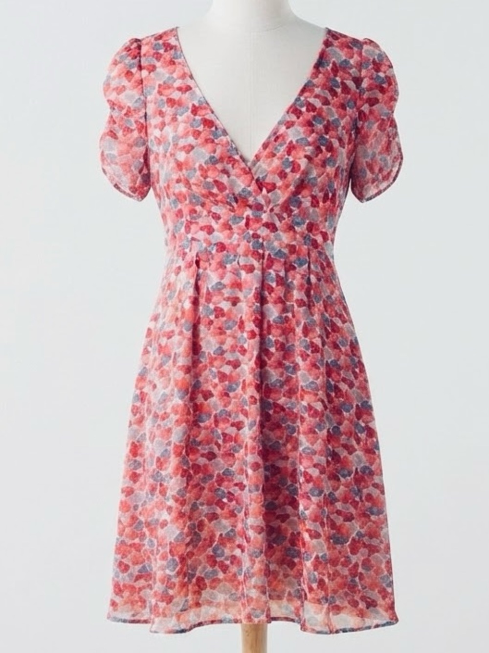 American Eagle Outfitters| Red & Pink Floral V-Neck Puff Sleeve Sheer Dress Sz 2